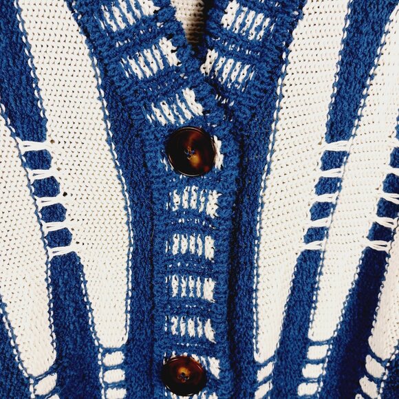 Lafayette 148 New York Cotton & Silk Cardigan, Blue & White Geometric, Size MED - Picture 6 of 14